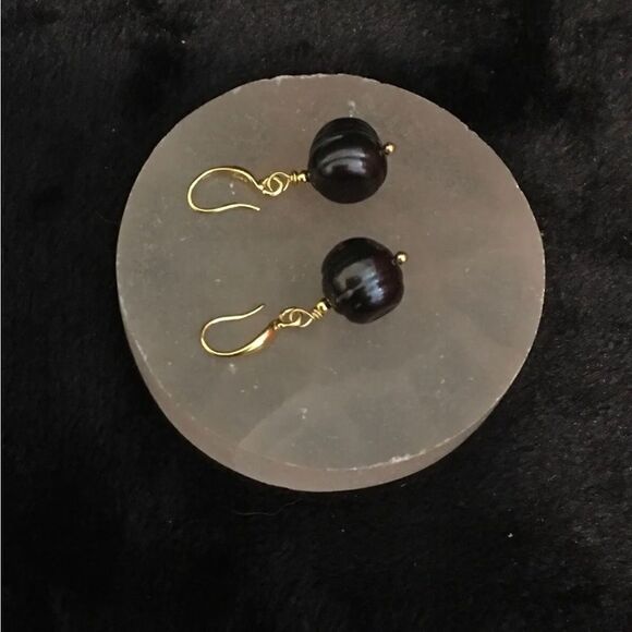 Tahitian Black Baroque Pearl Earrings 18KYG Over 925 Fine Silver - Picture 5 of 10